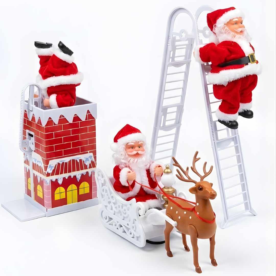 Veliki Praznični Set od 3 Deda Mraza (Dimnjak, Merdevine, Sanke)