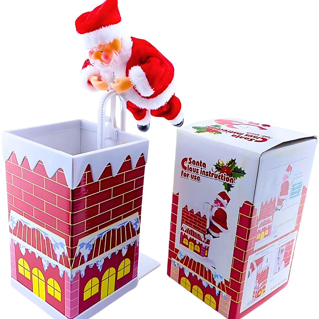 Muzička igračka Deda Mraza u crvenom odelu penje se uz dimnjak