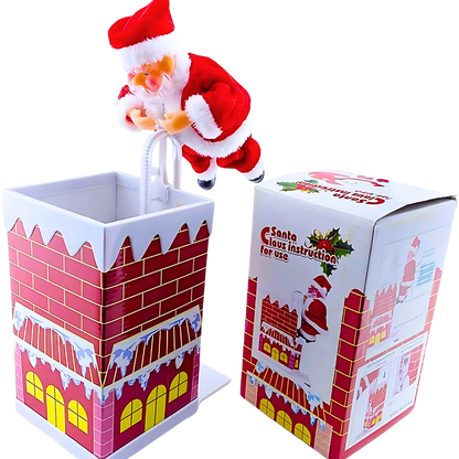 Muzička igračka Deda Mraza u crvenom odelu penje se uz dimnjak