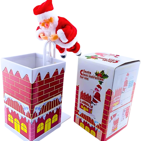 Muzička igračka Deda Mraza u crvenom odelu penje se uz dimnjak